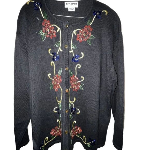 VTG Joan Leslie Sz 3X Christmas Cardigan‎ Black Colorful Beads Embroidered - Picture 1 of 14